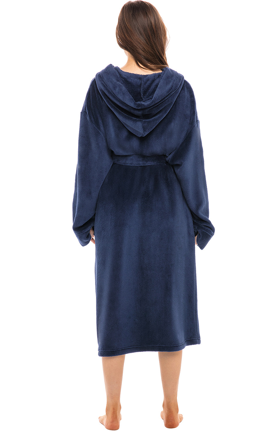 Women's Navy Blue Plush Fleece Robe with Hood, Lightweight Hooded Bathrobe with Pockets - Navy Blue - back view