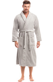 Men's Light Gray Classic Winter Robe, Plush Fleece Bathrobe
