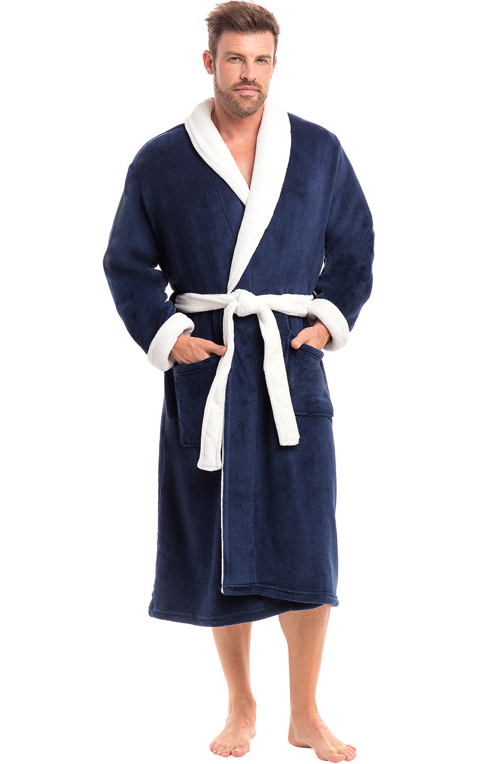 Men's Navy Blue with White Classic Winter Robe, Plush Fleece Bathrobe