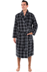 Men's Blue Gray Plaid Classic Winter Robe, Plush Fleece Bathrobe