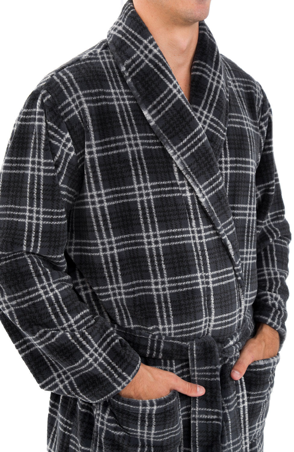 Men's Blue Gray Plaid Classic Winter Robe, Plush Fleece Bathrobe