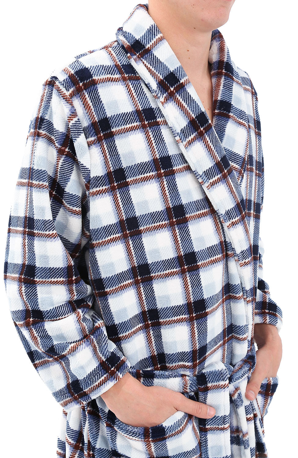 Men's White Gray and Brown Plaid Classic Winter Robe, Plush Fleece Bathrobe