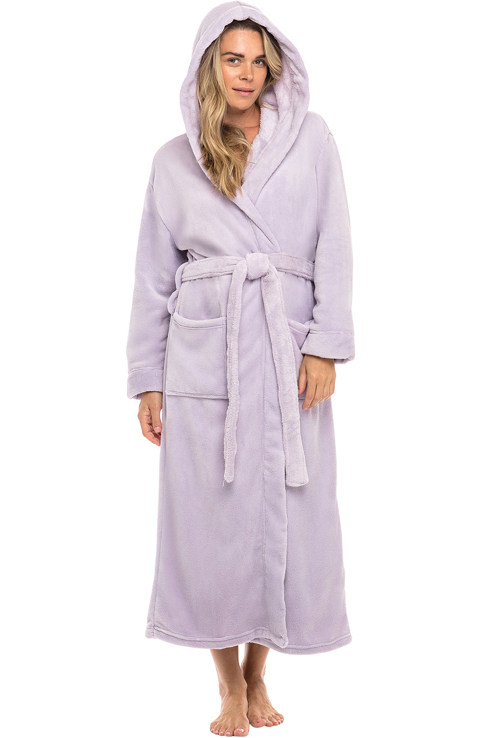 Lavender Plush Fleece Robe for Women, Long Hooded Bathrobe with Hood, Plus Size