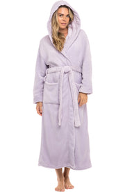Lavender Plush Fleece Robe for Women, Long Hooded Bathrobe with Hood, Plus Size