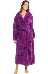 Purple Plaid Plush Fleece Robe for Women, Long Hooded Bathrobe with Hood, Plus Size