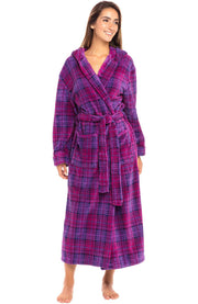 Purple Plaid Plush Fleece Robe for Women, Long Hooded Bathrobe with Hood, Plus Size