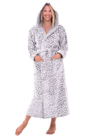 Leopard Print White Plush Fleece Robe for Women, Long Hooded Bathrobe with Hood, Plus Size