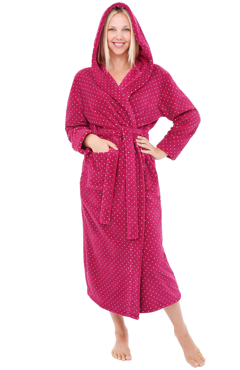 Pink Red with White Polka Dots Plush Fleece Robe for Women, Long Hooded Bathrobe with Hood, Plus Size