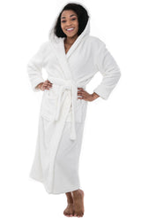 White Plush Fleece Robe for Women, Long Hooded Bathrobe with Hood, Plus Size