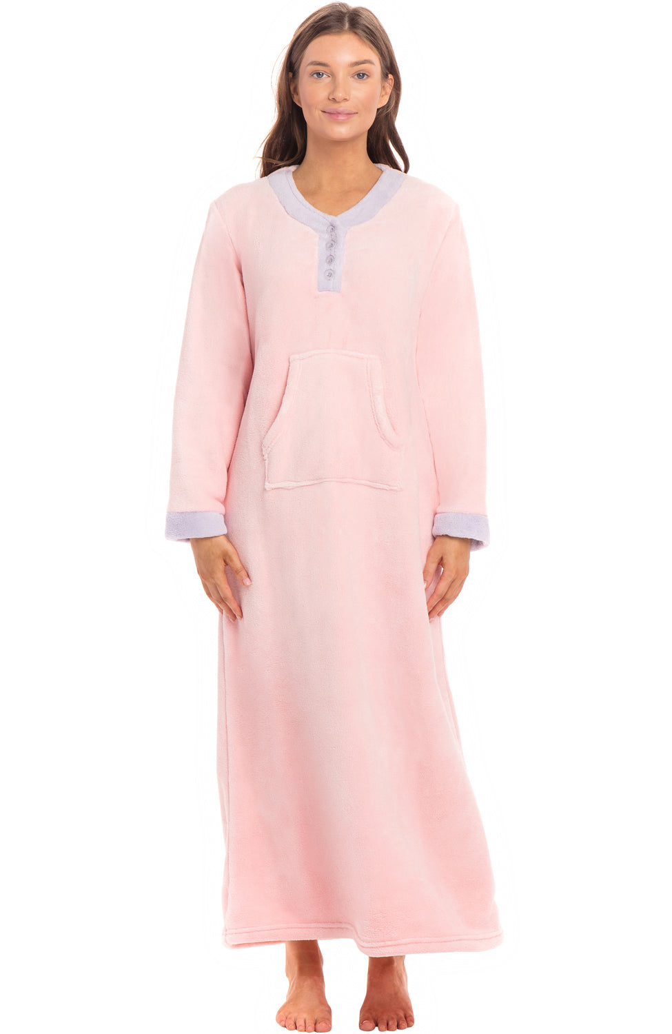 Women's Pink Rose Quartz Warm Fleece Long Nightgown, Long Kaftan with Pockets for Winter