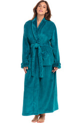 Turquoise Plush Striped Robe for Women, Long Fleece Plaid Winter Bath Robe, Plus Size