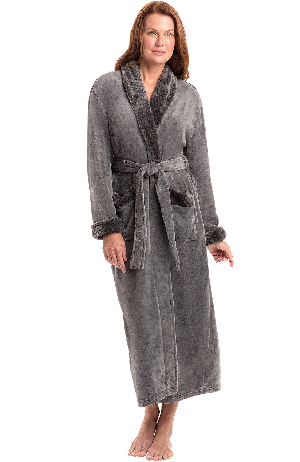 Steel Gray Plush Striped Robe for Women, Long Fleece Plaid Winter Bath Robe, Plus Size