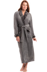 Steel Gray Plush Striped Robe for Women, Long Fleece Plaid Winter Bath Robe, Plus Size