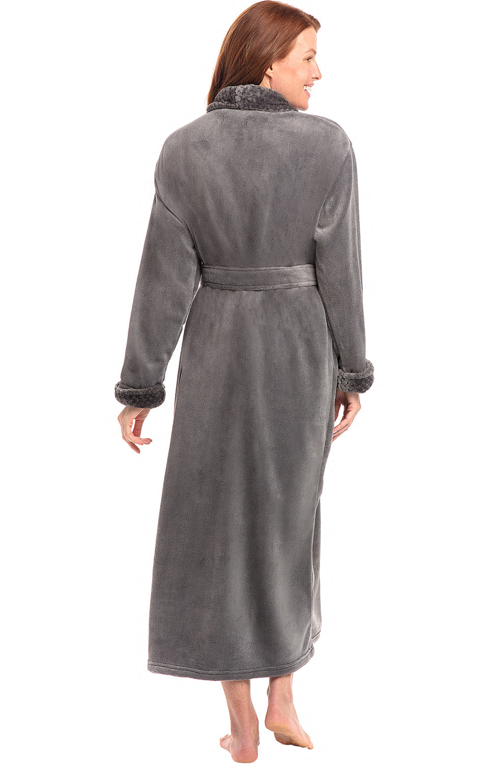 Steel Gray Plush Striped Robe for Women, Long Fleece Plaid Winter Bath Robe, Plus Size