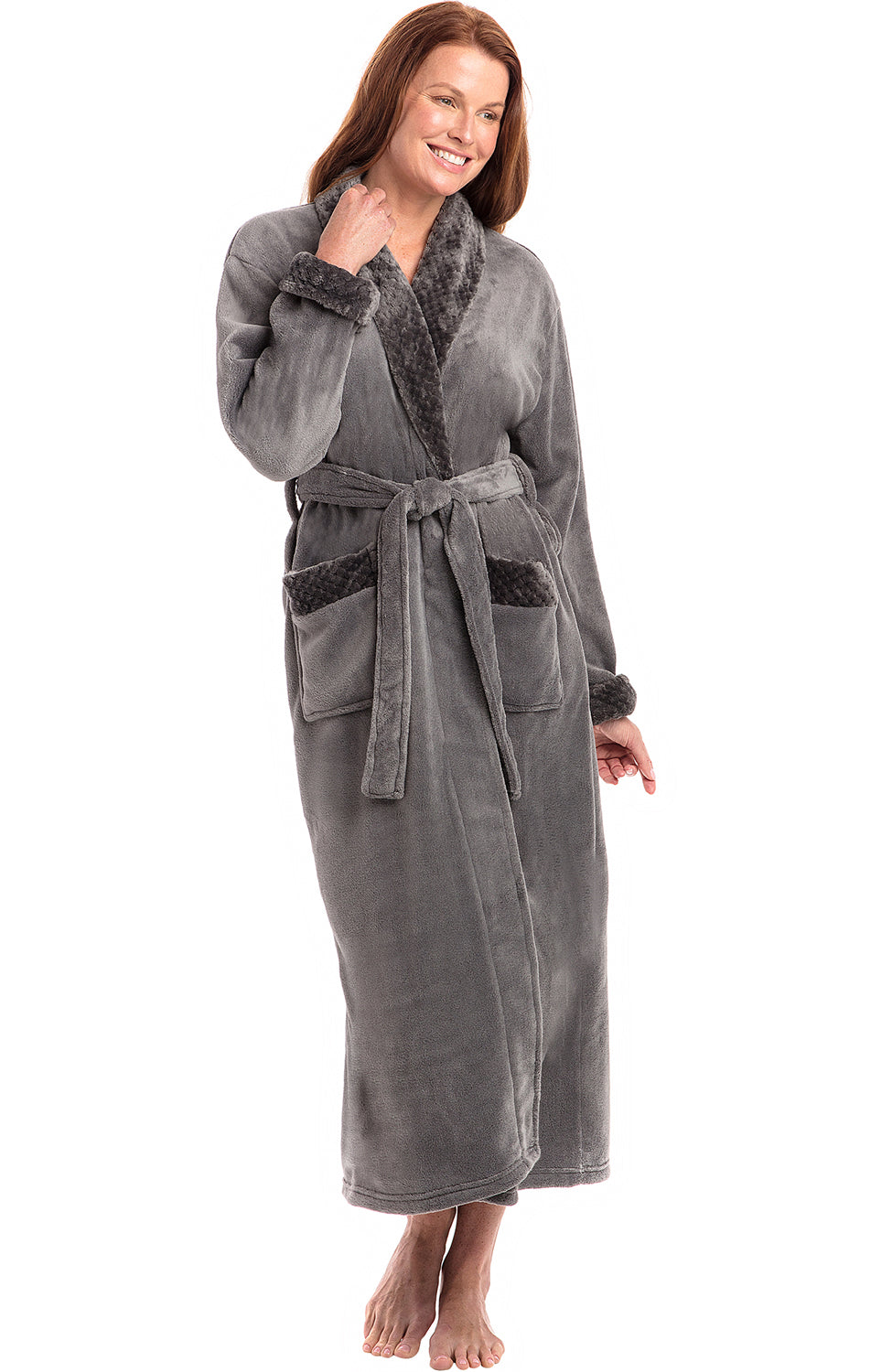 Steel Gray Plush Striped Robe for Women, Long Fleece Plaid Winter Bath Robe, Plus Size