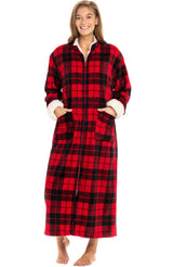 Women's Red Black Plaid with Cream Zip Up Plush Robe, Oversized Bathrobe with Two Way Zipper