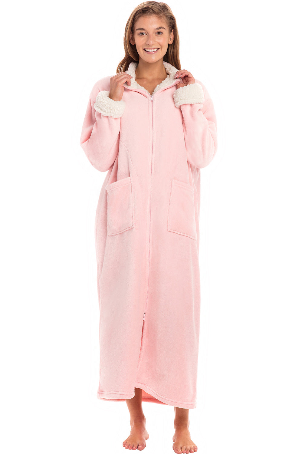 Women's Pink Rose Quartz with Cream Zip Up Plush Robe, Oversized Bathrobe with Two Way Zipper