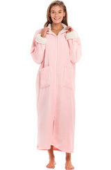 Women's Pink Rose Quartz with Cream Zip Up Plush Robe, Oversized Bathrobe with Two Way Zipper