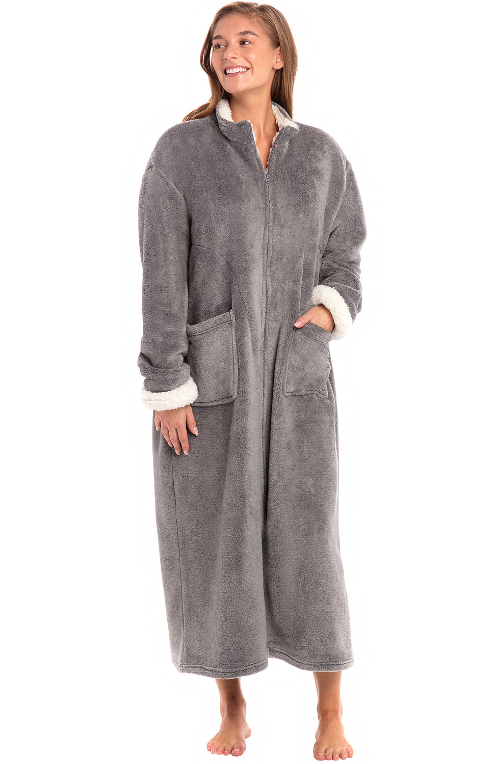 Women's Steel Gray with Cream Zip Up Plush Robe, Oversized Bathrobe with Two Way Zipper