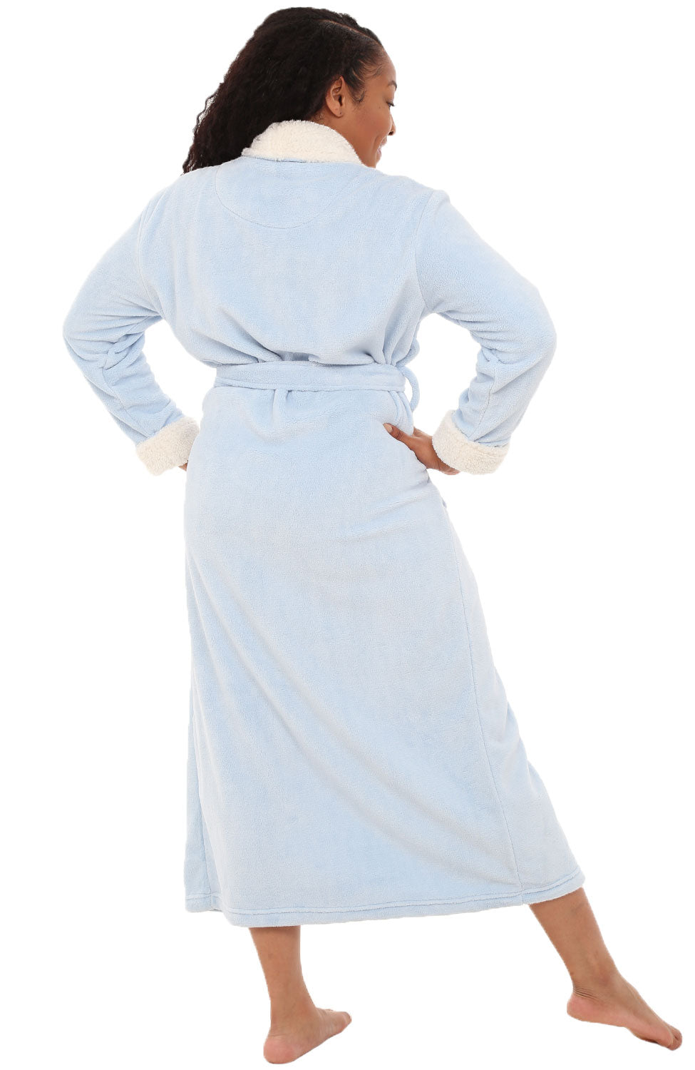 Women's Light Blue Plush Sherpa Robe, Long Cozy Warm Bathrobe