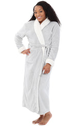 Women's Light Gray Plush Sherpa Robe, Long Cozy Warm Bathrobe