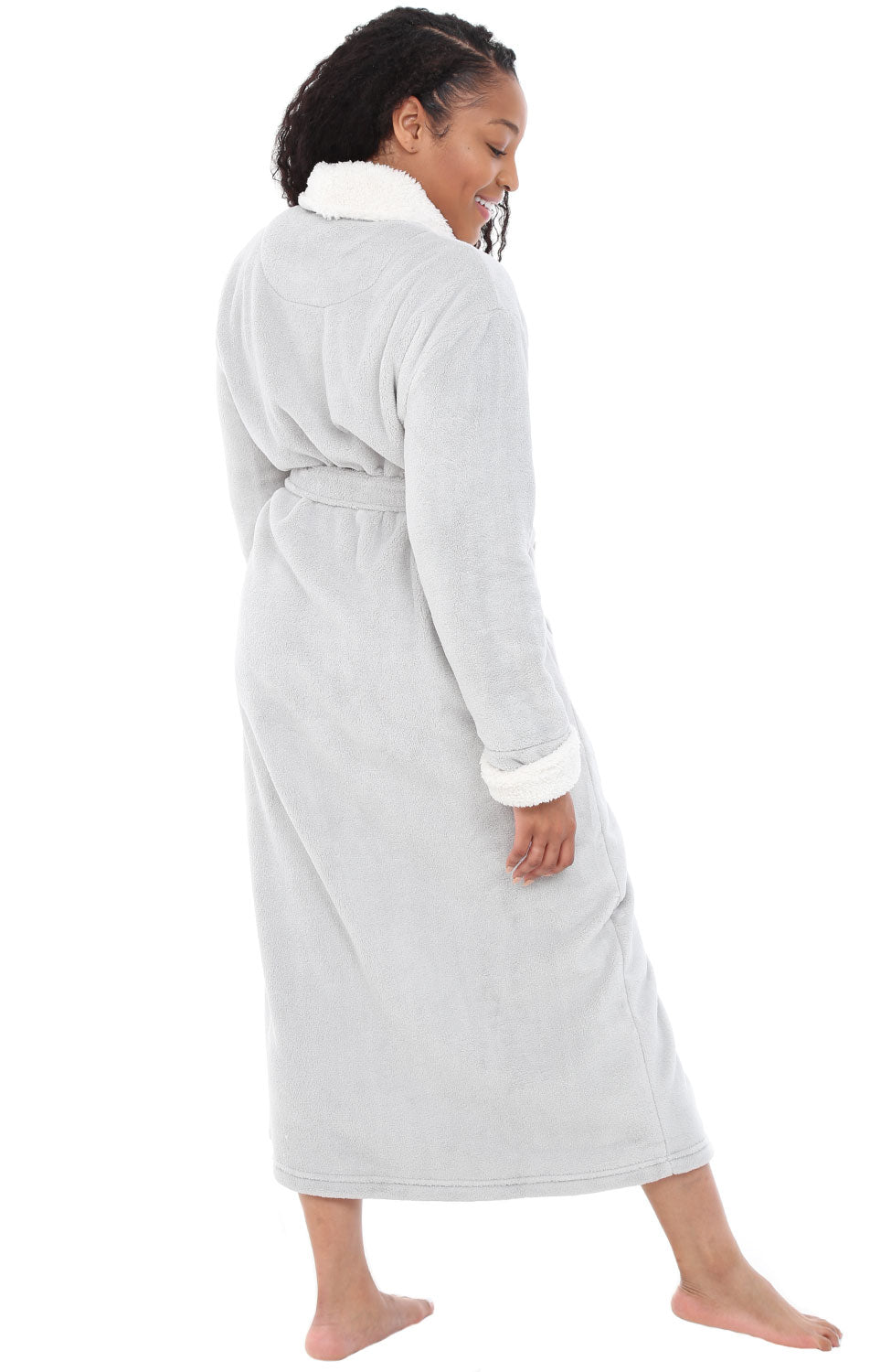 Women's Light Gray Plush Sherpa Robe, Long Cozy Warm Bathrobe