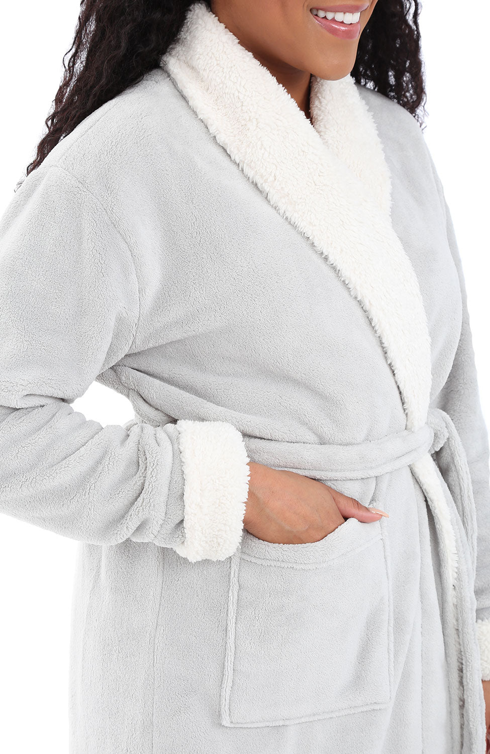 Women's Light Gray Plush Sherpa Robe, Long Cozy Warm Bathrobe