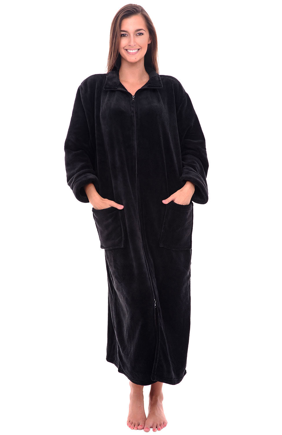 Women's Black Zip Up Plush Robe, Oversized Bathrobe with Two Way Zipper