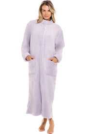Women's Lavender Zip Up Plush Robe, Oversized Bathrobe with Two Way Zipper