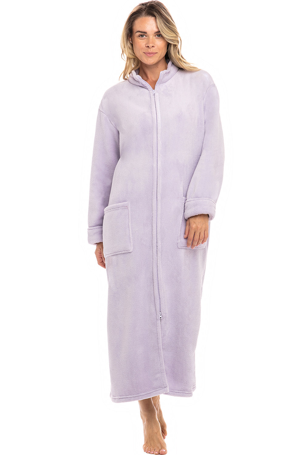 Women's Lavender Zip Up Plush Robe, Oversized Bathrobe with Two Way Zipper