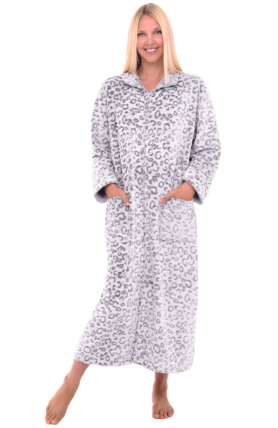 Women's Leopard Print White Zip Up Plush Robe, Oversized Bathrobe with Two Way Zipper