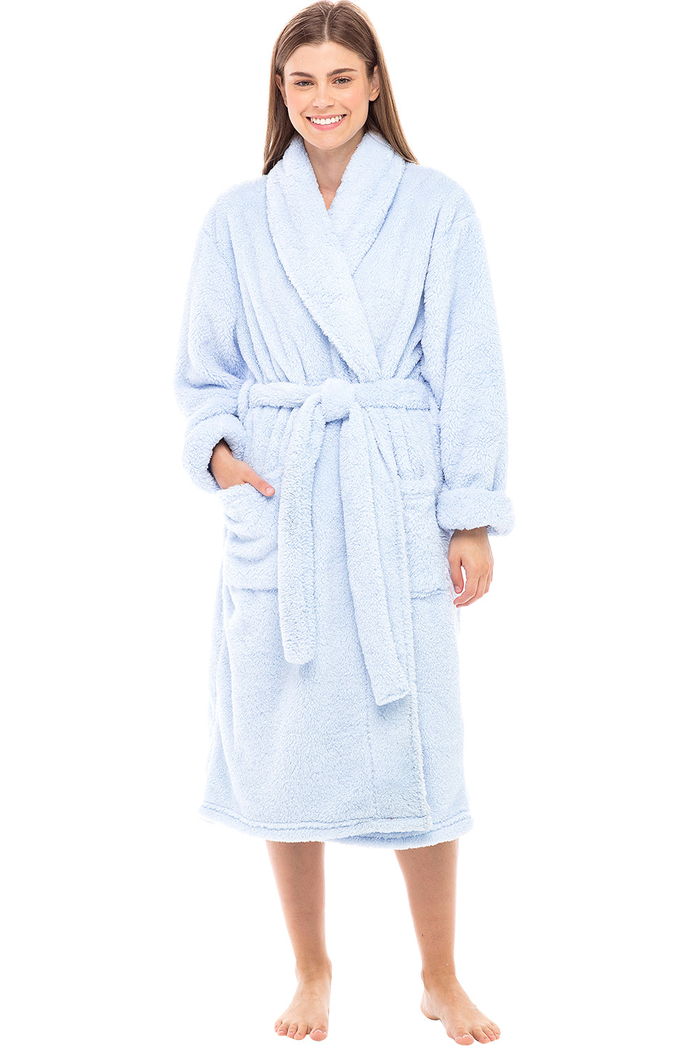 Women's Light Blue Plush Fleece Robe, Shaggy Feather Bathrobe