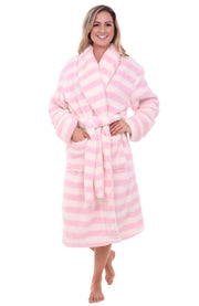 Women's Pastel Stripes Plush Fleece Robe, Shaggy Feather Bathrobe