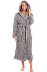 Women's Jacquard Gray Plush Fleece Hooded Robe, Shaggy Feather Long Bathrobe