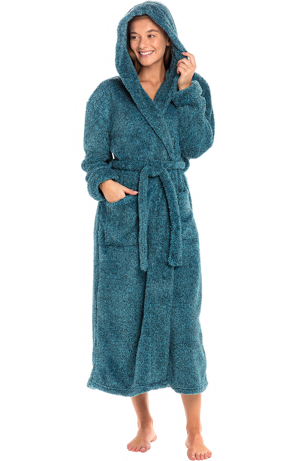 Women's Heathered Teal Plush Fleece Hooded Robe, Shaggy Feather Long Bathrobe