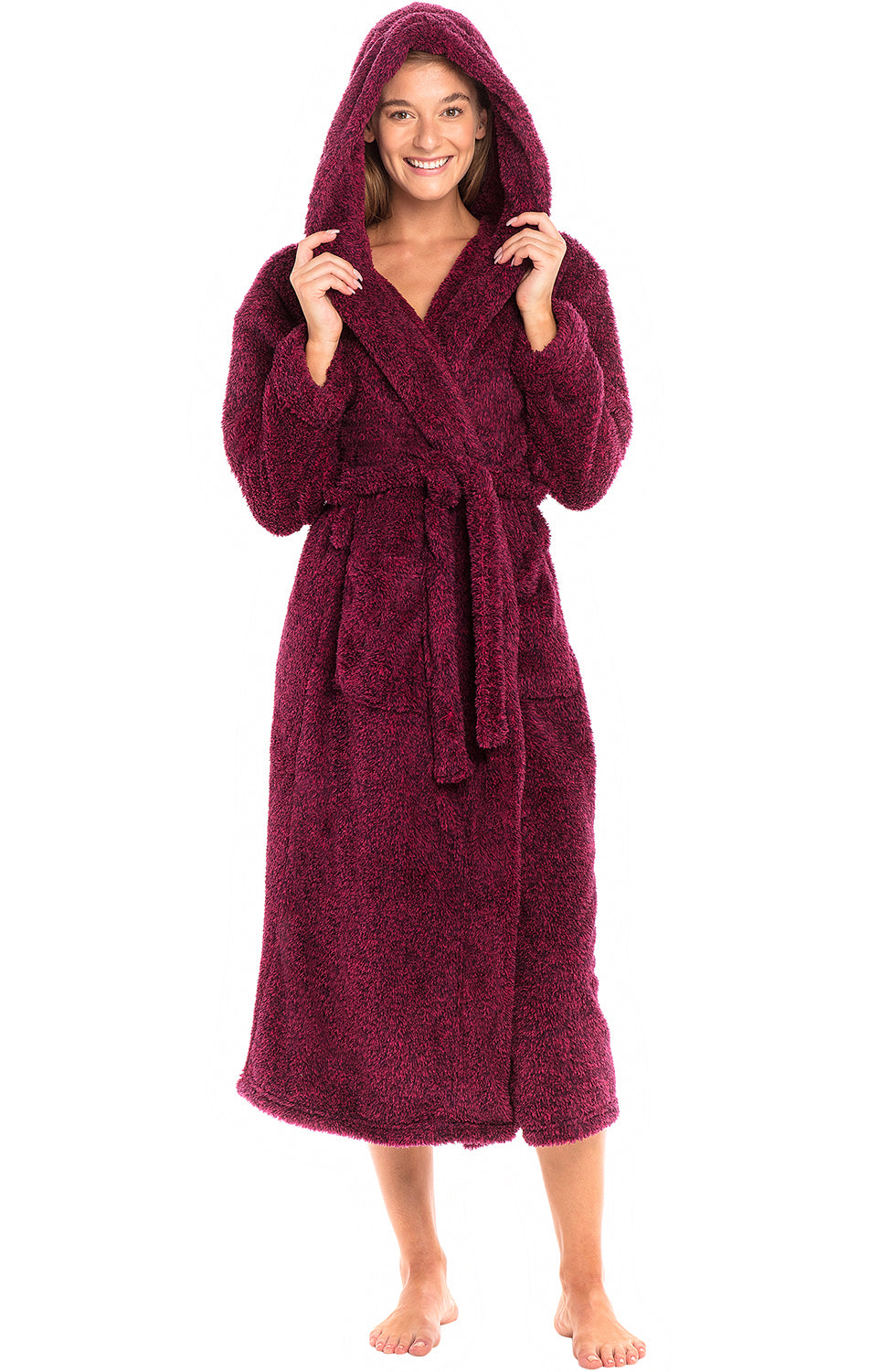 Women's Heathered Burgundy Plush Fleece Hooded Robe, Shaggy Feather Long Bathrobe
