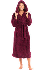 Women's Heathered Burgundy Plush Fleece Hooded Robe, Shaggy Feather Long Bathrobe