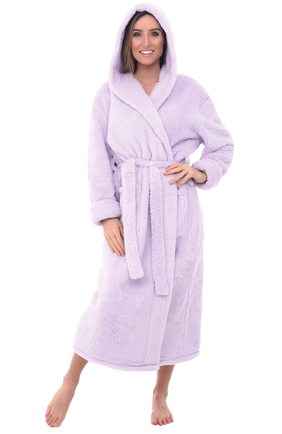 Women's Lavender Plush Fleece Hooded Robe, Shaggy Feather Long Bathrobe