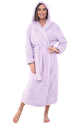 Women's Lavender Plush Fleece Hooded Robe, Shaggy Feather Long Bathrobe