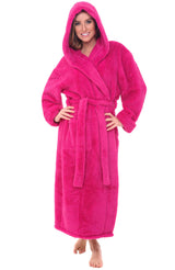 Women's Magenta Pink Plush Fleece Hooded Robe, Shaggy Feather Long Bathrobe