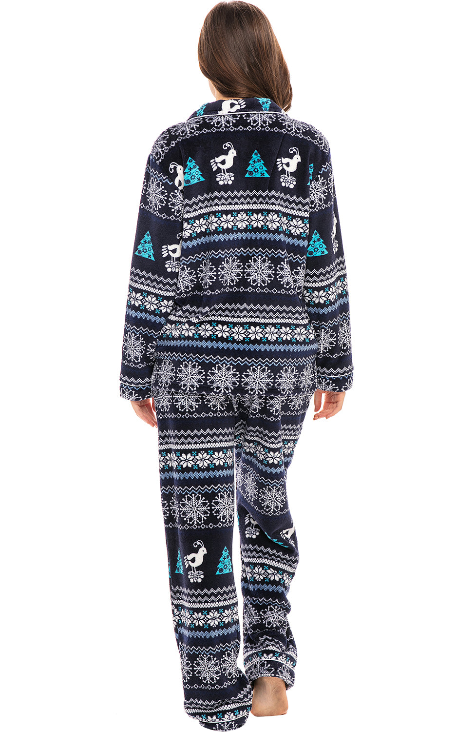 Women's Christmas Snowflakes and Birds Soft Warm Fleece Pajamas Plush Lounge Set, Long Sleeve Top and Pants, PJ