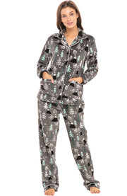 Women's Nighttime Christmas Forrest Soft Warm Fleece Pajamas Plush Lounge Set, Long Sleeve Top and Pants, PJ