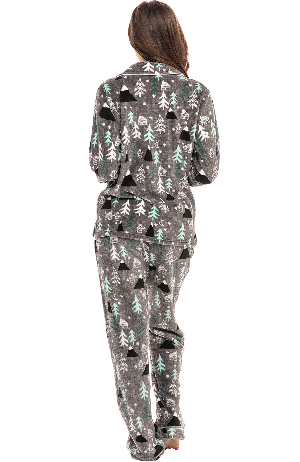 Women's Nighttime Christmas Forrest Soft Warm Fleece Pajamas Plush Lounge Set, Long Sleeve Top and Pants, PJ