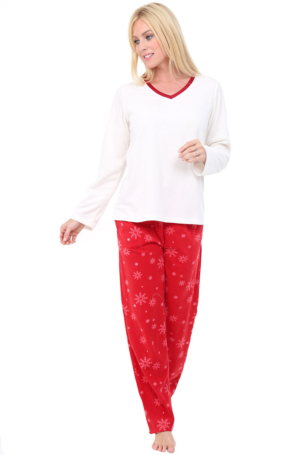 Women's Red Snowflakes with Red Trim Soft Warm Fleece Pajamas Plush Lounge Set, Long V Neck Top and Pants, PJ