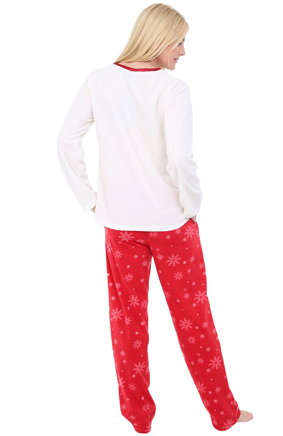 Women's Red Snowflakes with Red Trim Soft Warm Fleece Pajamas Plush Lounge Set, Long V Neck Top and Pants, PJ