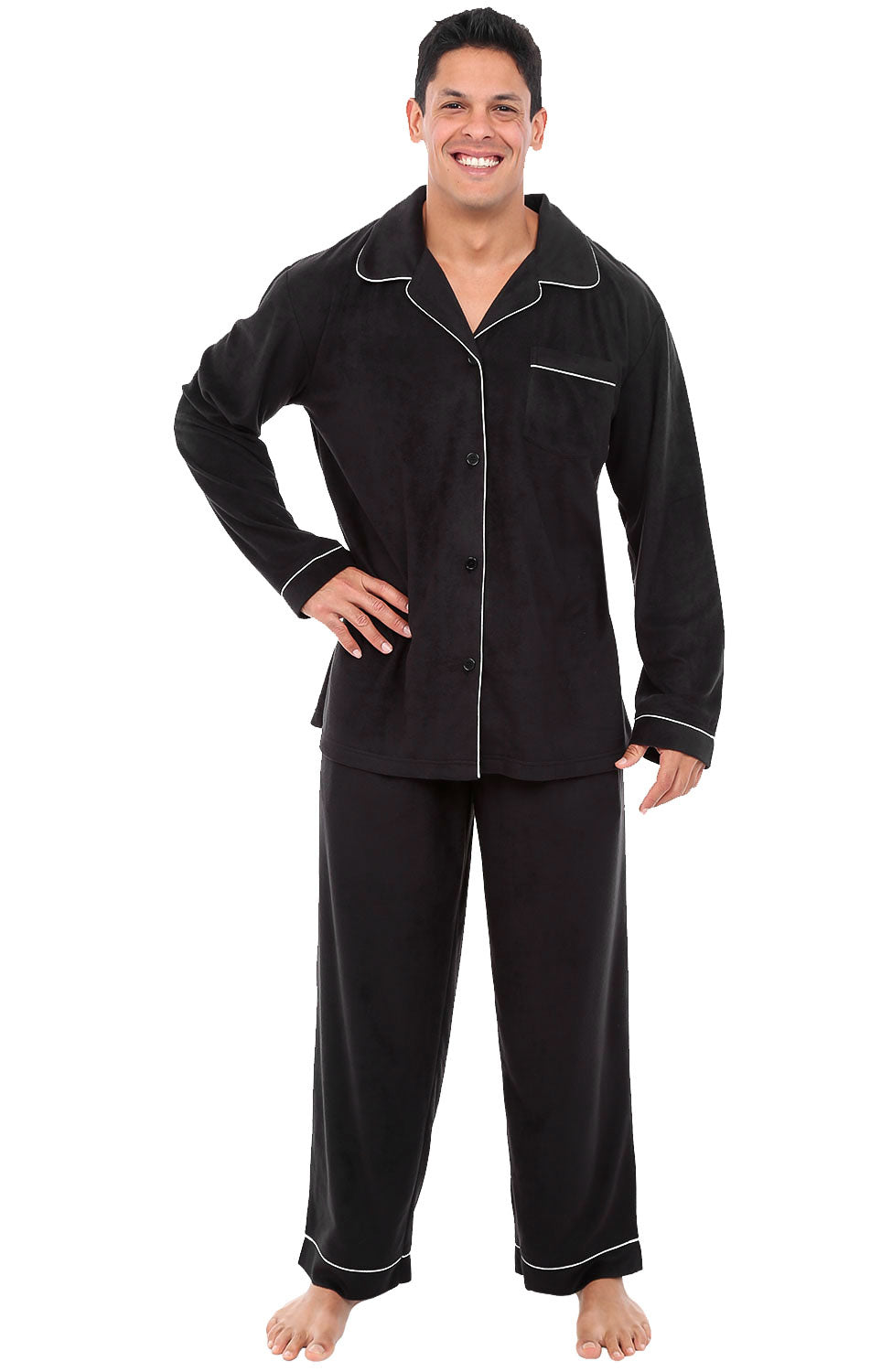 Men's Black Plush Fleece Pajamas Set, Button Down PJs for Winter