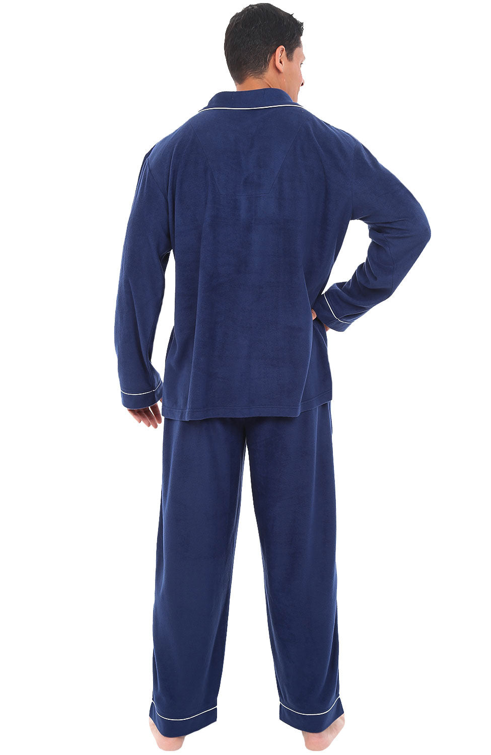 Men's Midnight Blue Plush Fleece Pajamas Set, Button Down PJs for Winter