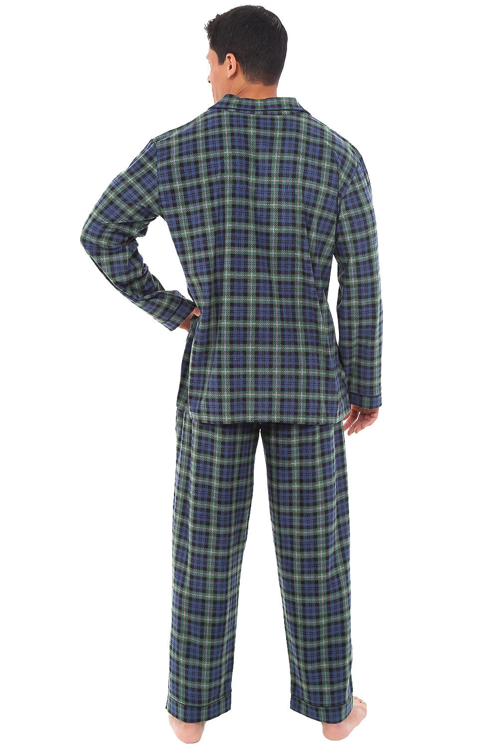 Men's Blue and Green Tartan Plaid Plush Fleece Pajamas Set, Button Down PJs for Winter