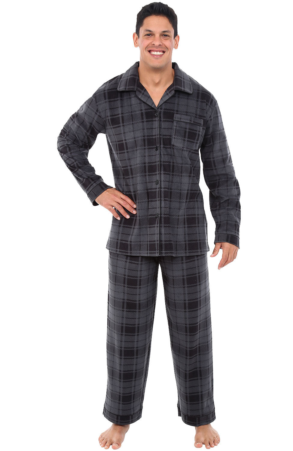 Men's Gray Plaid Plush Fleece Pajamas Set, Button Down PJs for Winter