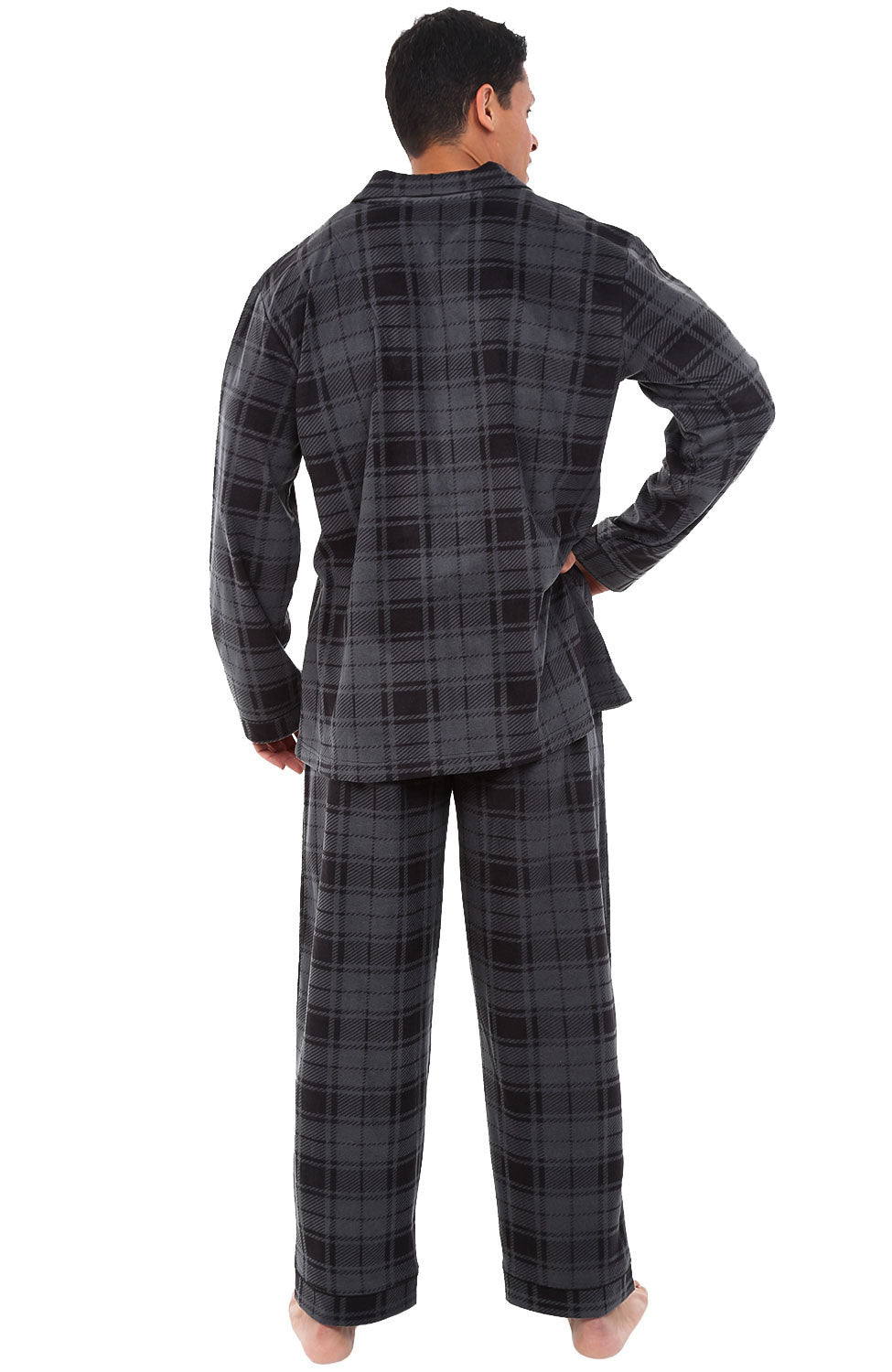 Men's Gray Plaid Plush Fleece Pajamas Set, Button Down PJs for Winter